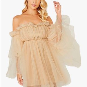 Off Shoulder Flounce Long Sleeve Ruffle Mesh Party Mini Dress